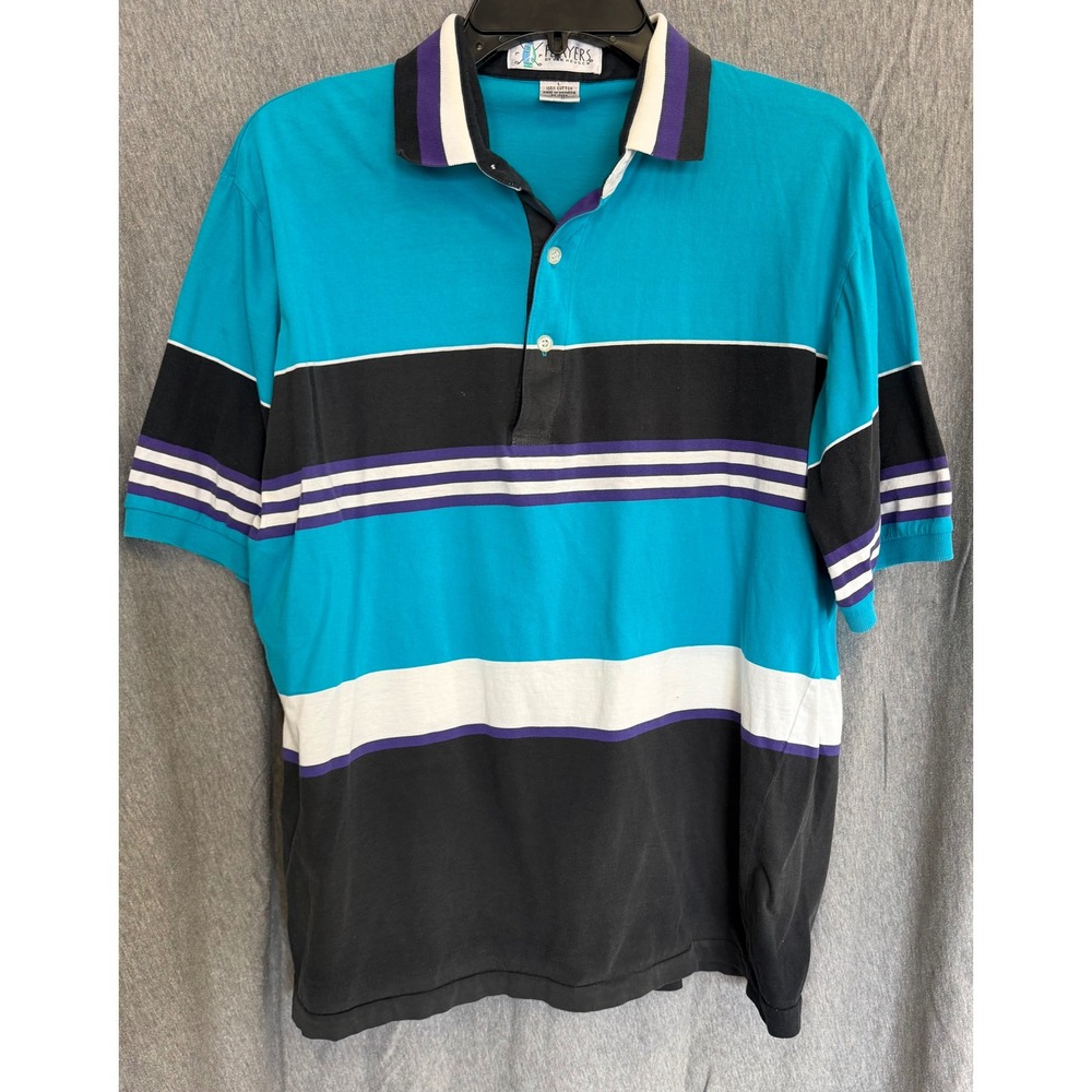 Vintage 90s Players by Van Heusen Large Polo Mens Teal Black StripedColorBlock